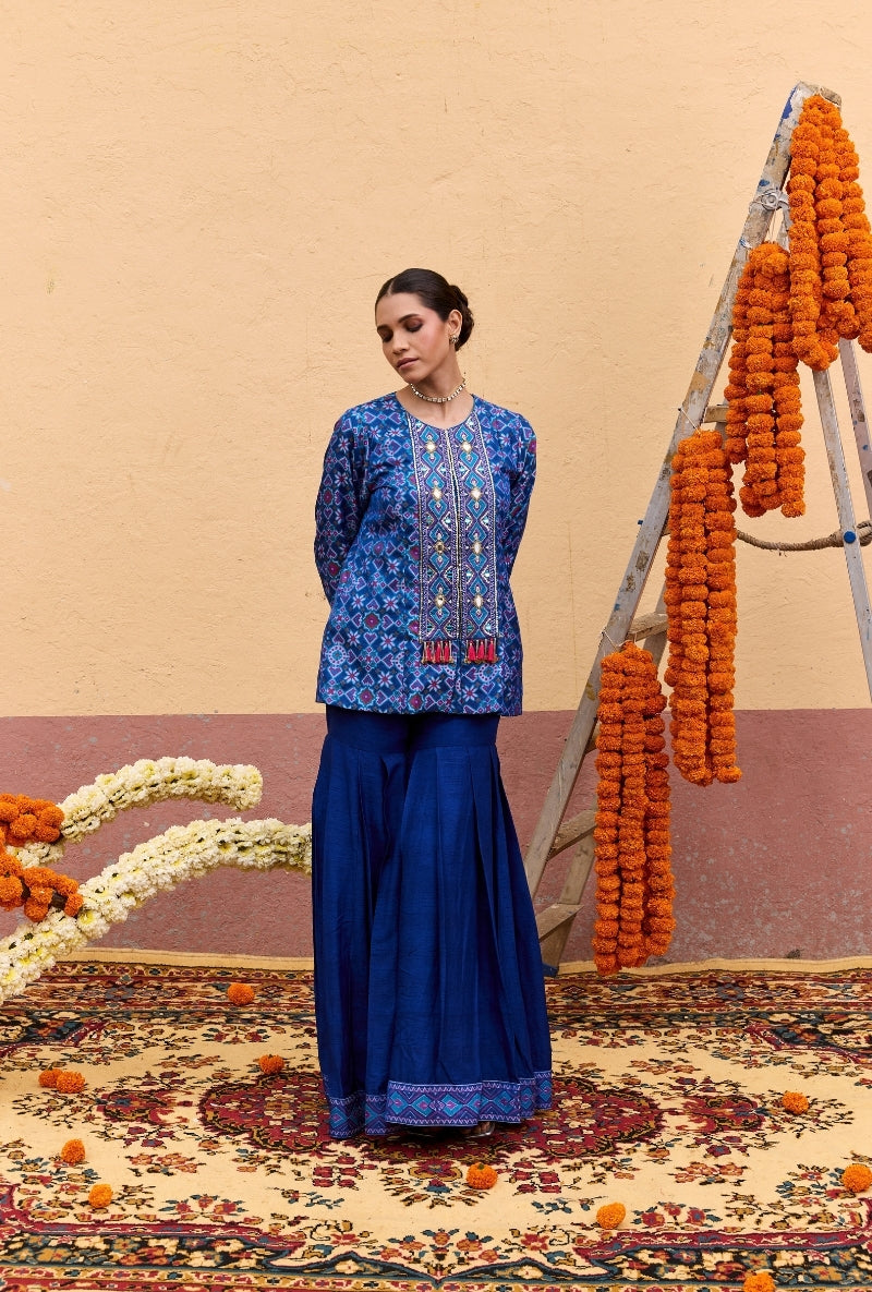 Blue Patola Embroidered Mirror And Zari  Work Oorja Jacket Set