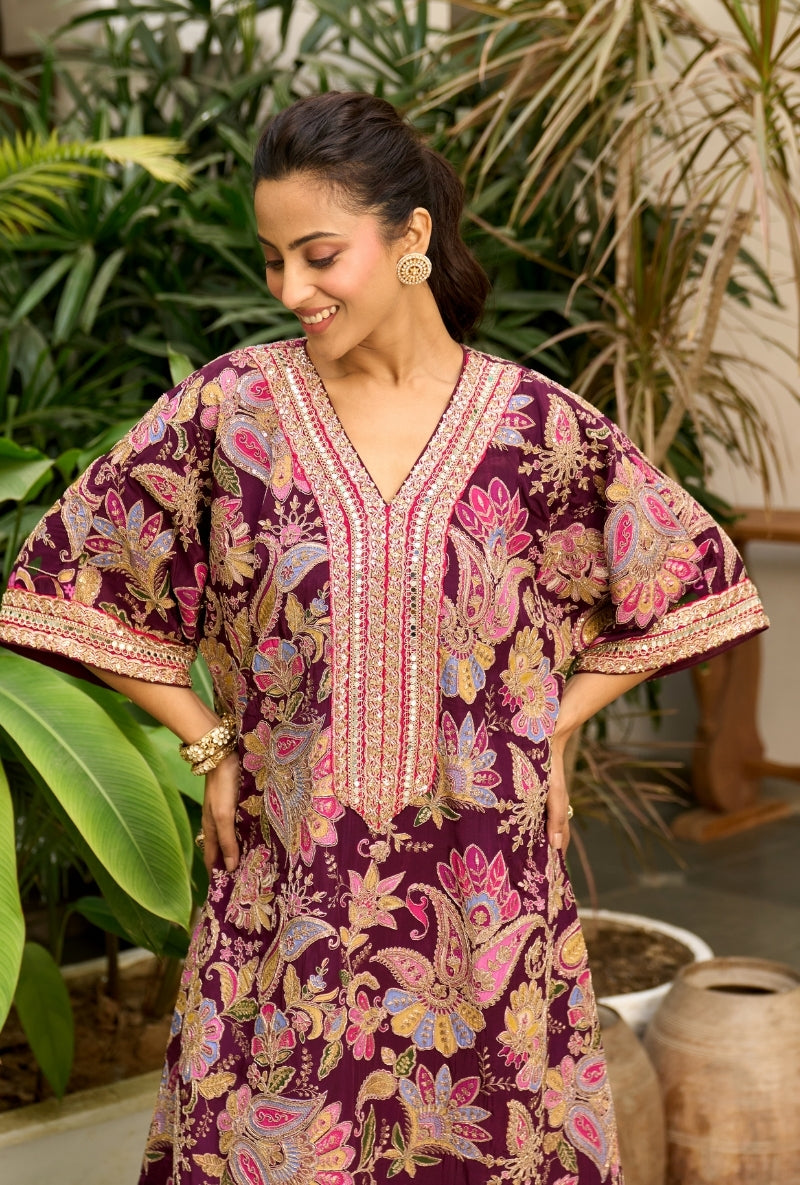Burgundy Paisely Print Choga Style Nadira Kurta Set