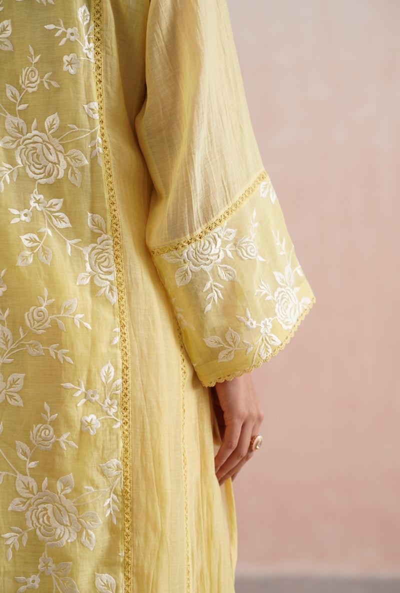 Lemon Yellow Pearl Embroidered Short Prisha Kurta Set