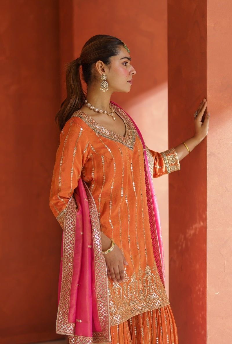 Orange Mirror Work Vira Gharara Set