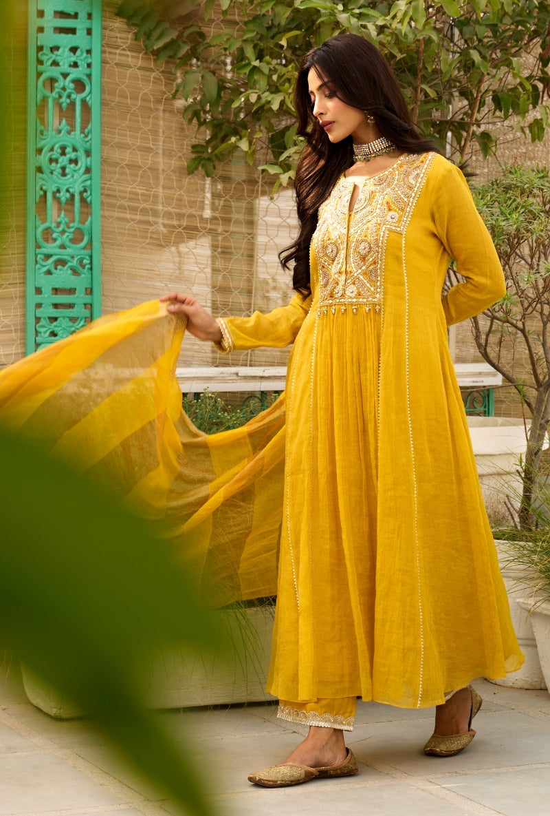 Mustard Embroidered Square Yoke Sabah Anarkali Set