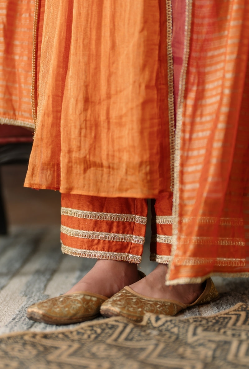 Rust Embroidered Overlap Yoke Gulbano Anarkali Set