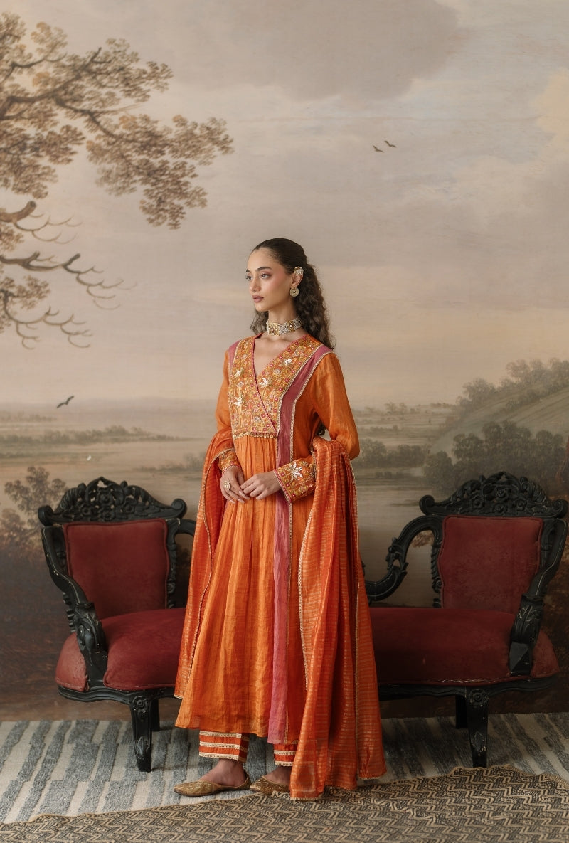 Rust Embroidered Overlap Yoke Gulbano Anarkali Set