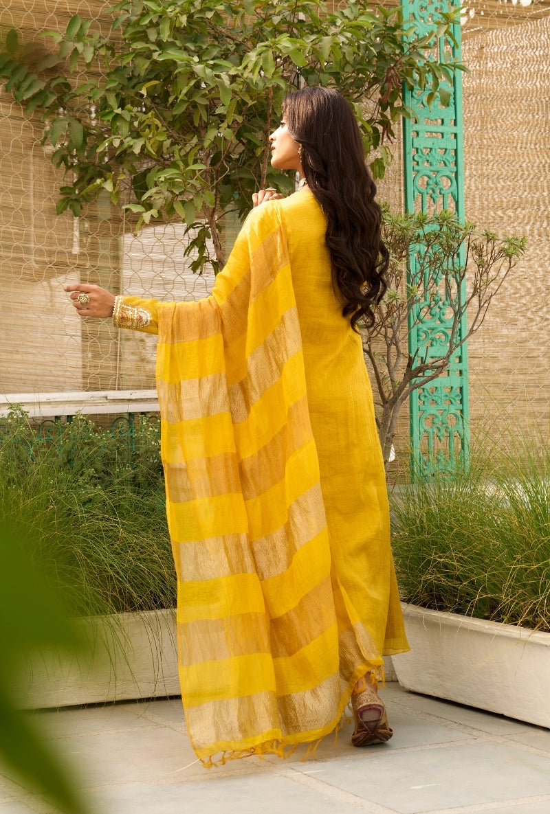 Mustard Embroidered Square Yoke Sabah Anarkali Set