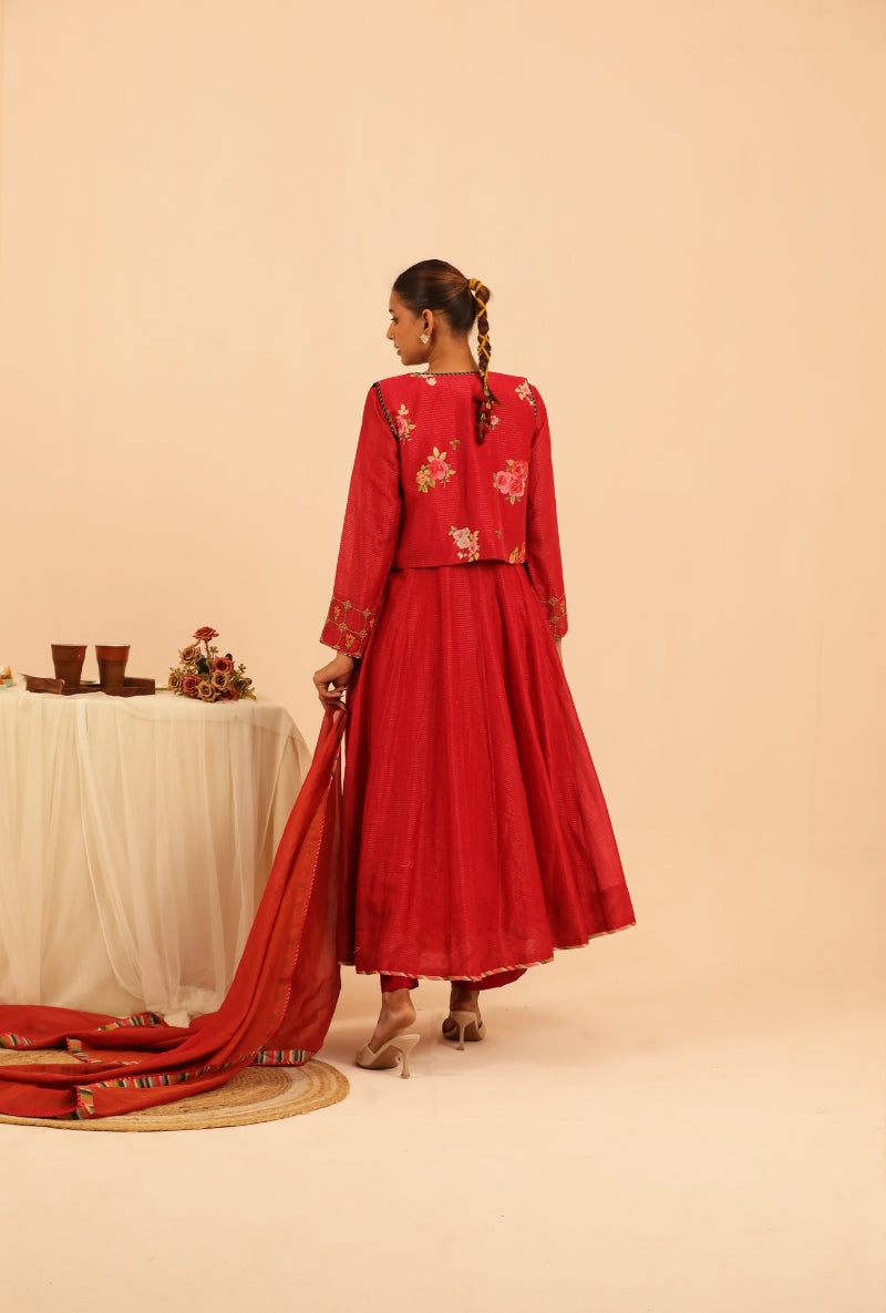 Red Floral Print Jacket Sakhi Anarakali Set
