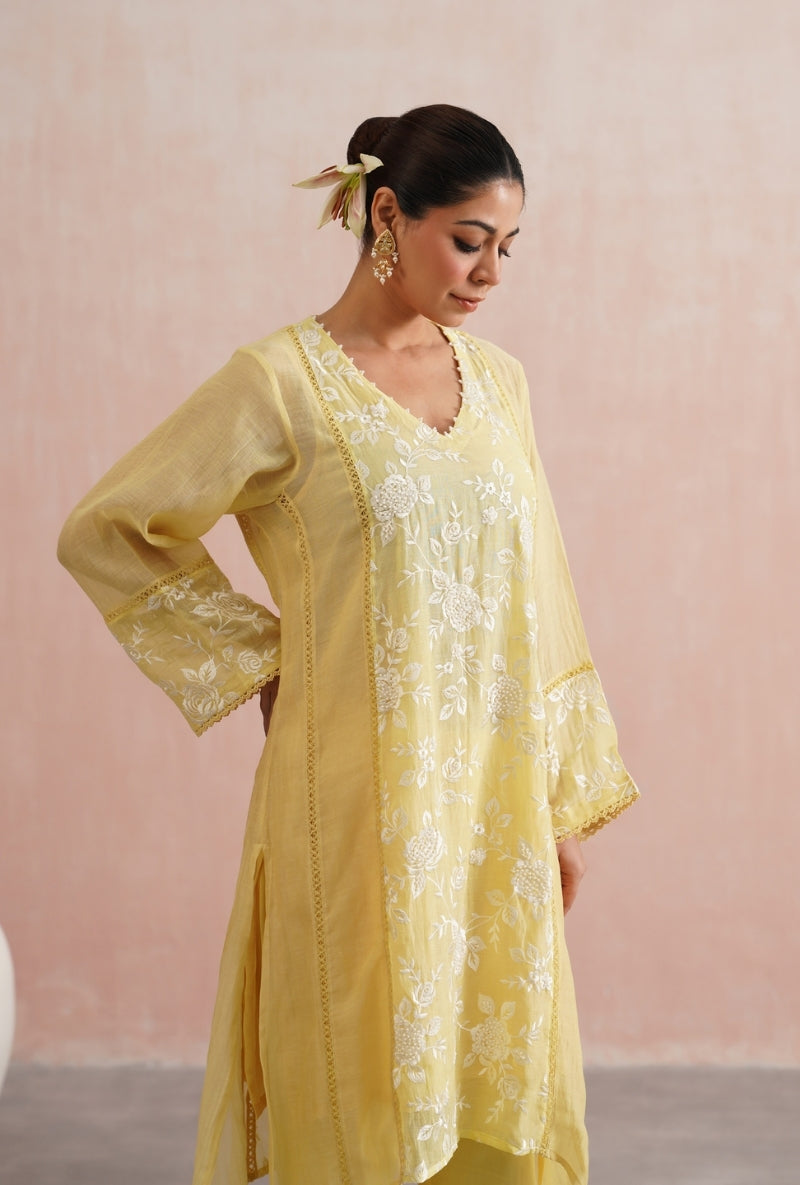 Lemon Yellow Pearl Embroidered Short Prisha Kurta Set
