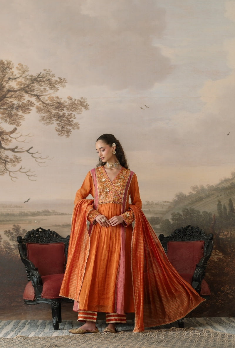 Rust Embroidered Overlap Yoke Gulbano Anarkali Set