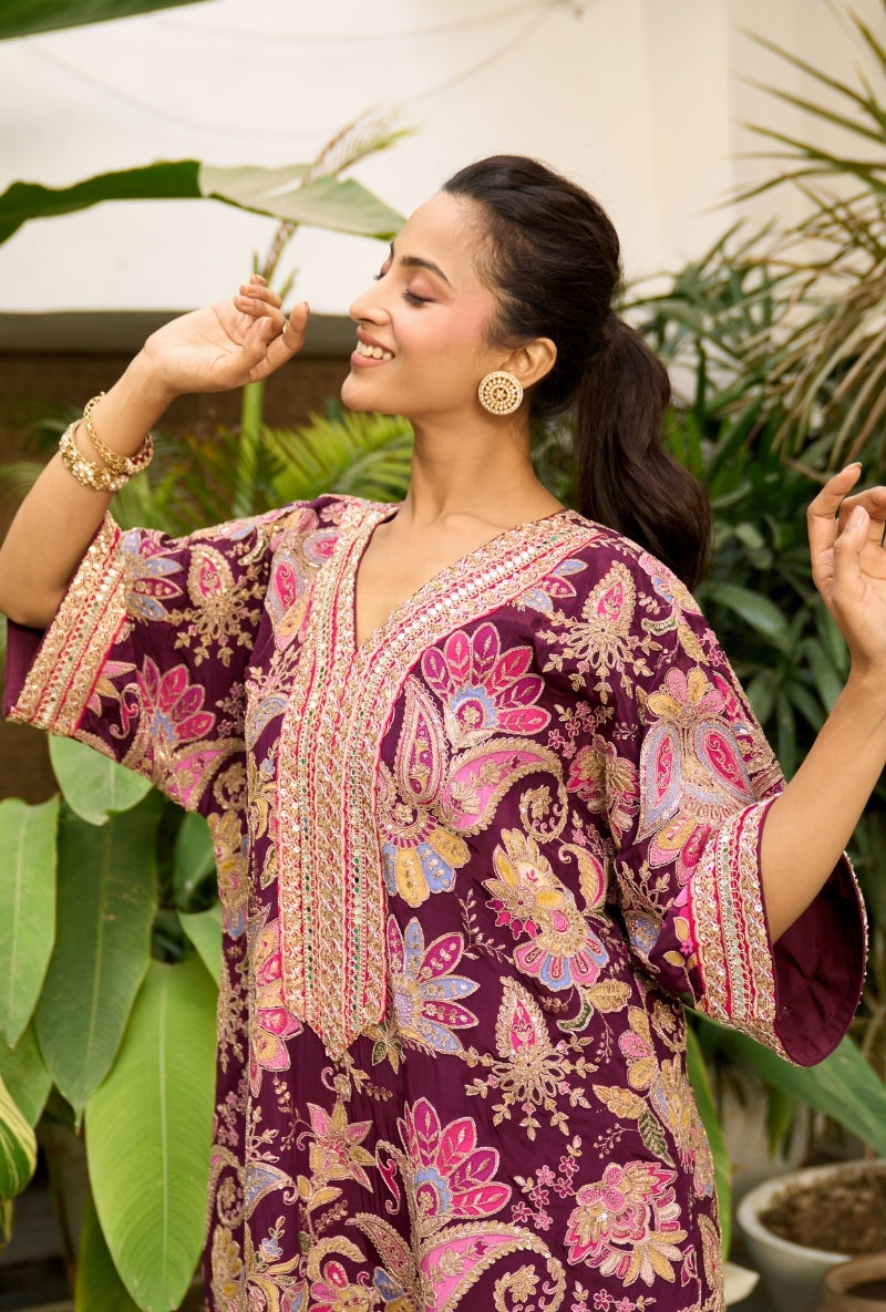Burgundy Paisely Print Choga Style Nadira Kurta Set