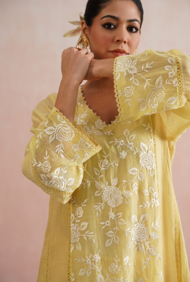 Lemon Yellow Pearl Embroidered Short Prisha Kurta Set