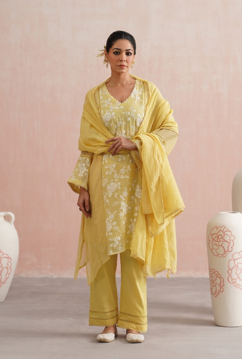 Lemon Yellow Pearl Embroidered Short Prisha Kurta Set