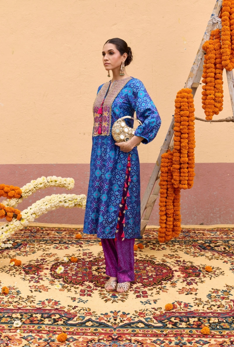Blue Patola Kurta With Embroidery Oorja Kurta Set