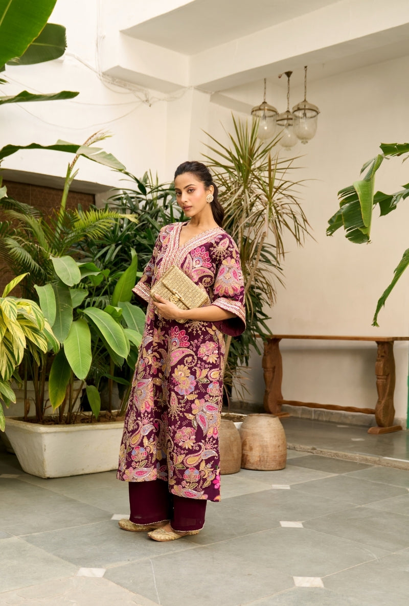 Burgundy Paisely Print Choga Style Nadira Kurta Set