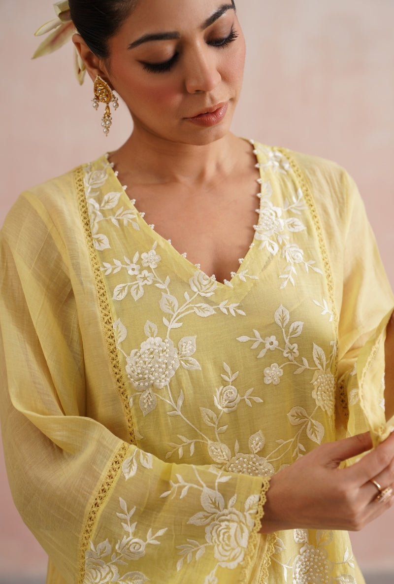 Lemon Yellow Pearl Embroidered Short Prisha Kurta Set