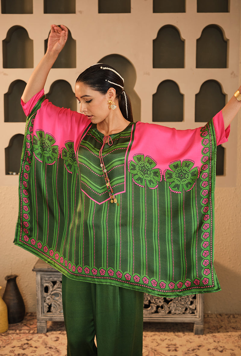 Green- Pink Asymmetric Goonj Co-Ord Set