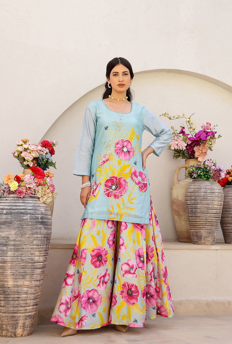 Mint Garden Printed Embroidered Magnolia Sharara Set