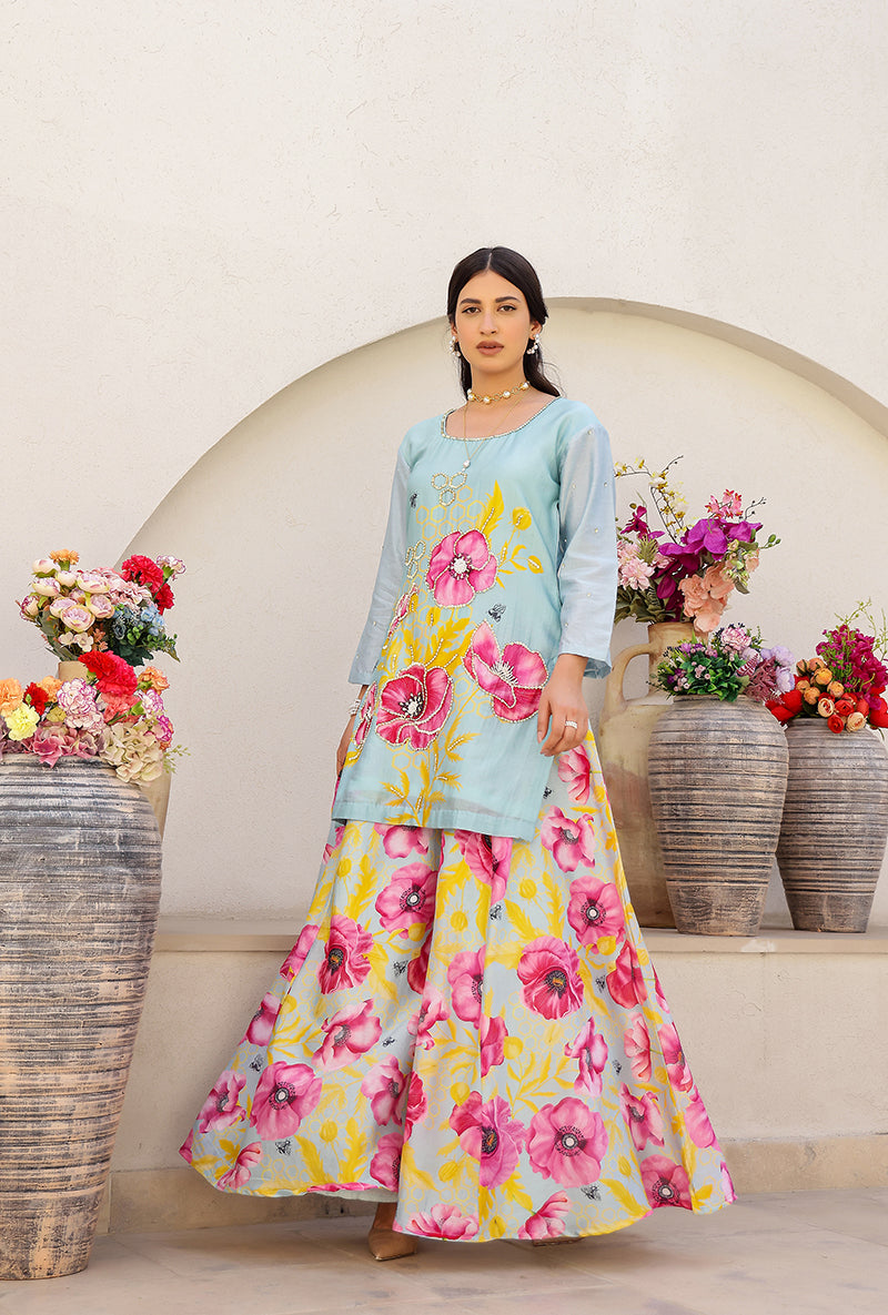 Mint Garden Printed Embroidered Magnolia Sharara Set
