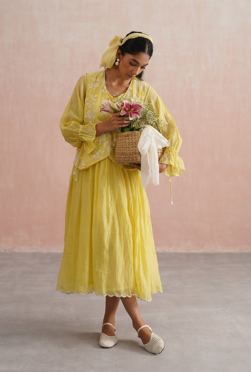 Lemon Yellow Pearl Embroidered Waistcoat Prisha Dress
