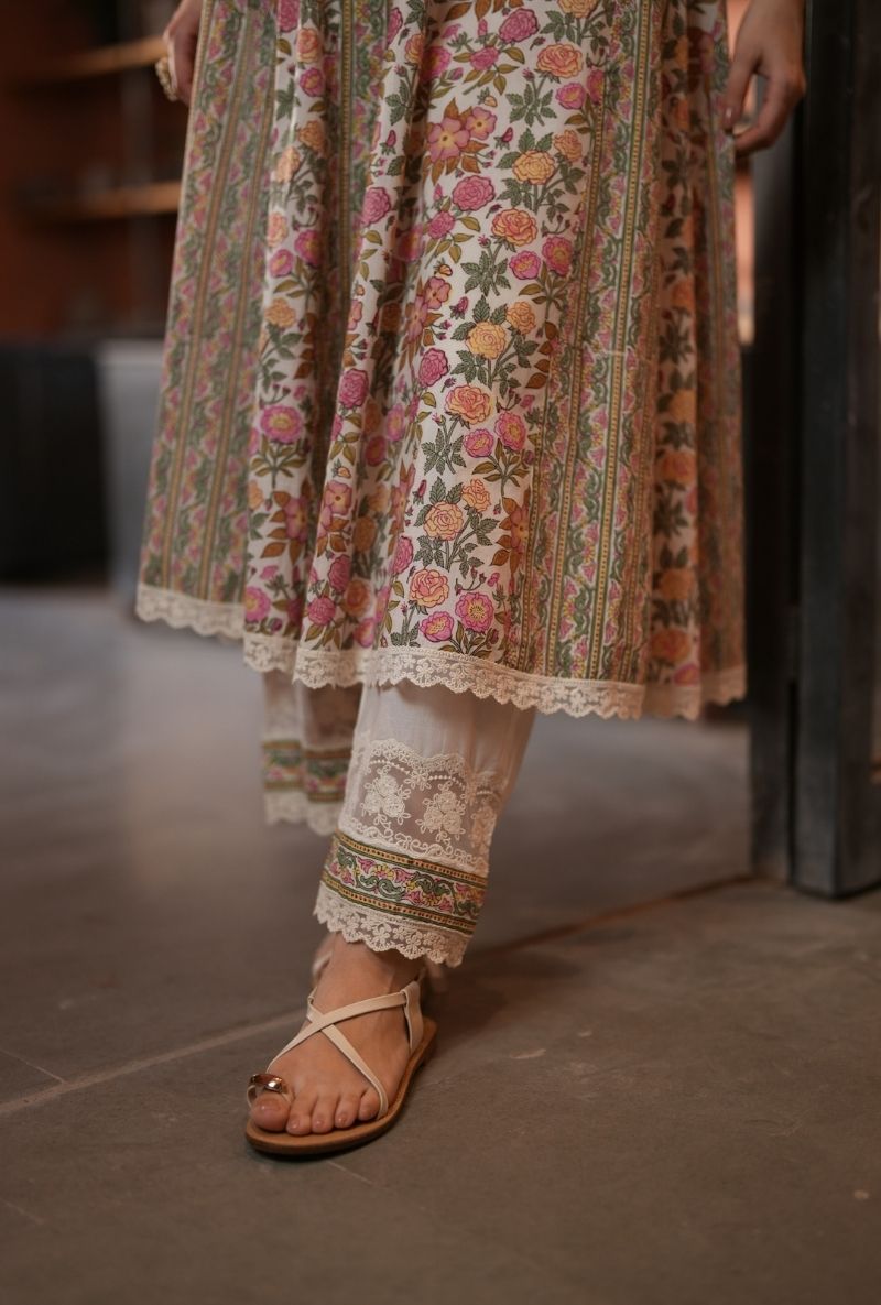 Ivory Handblock Floral Print Kalidaar Raisa Kurta Set