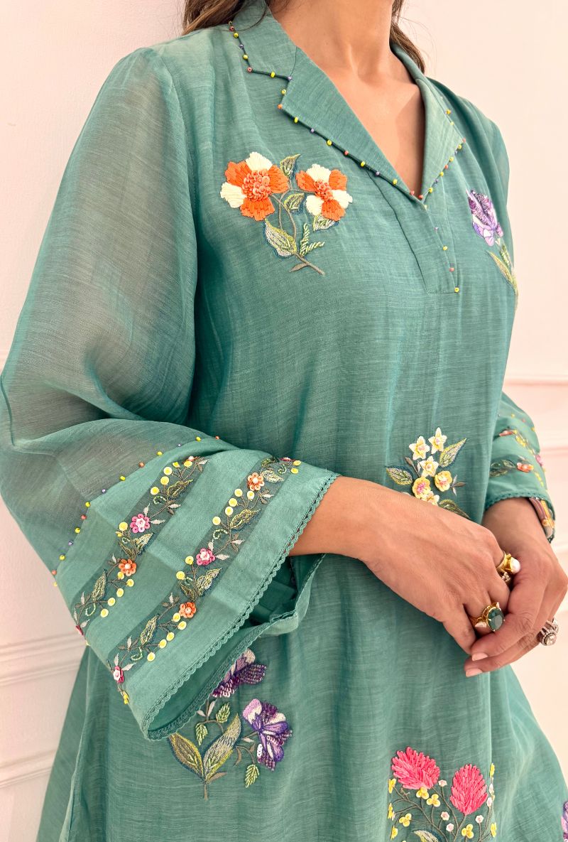 Meghna Nayyar in Matcha Green Collar  Embroidered Zia Co-ord Set
