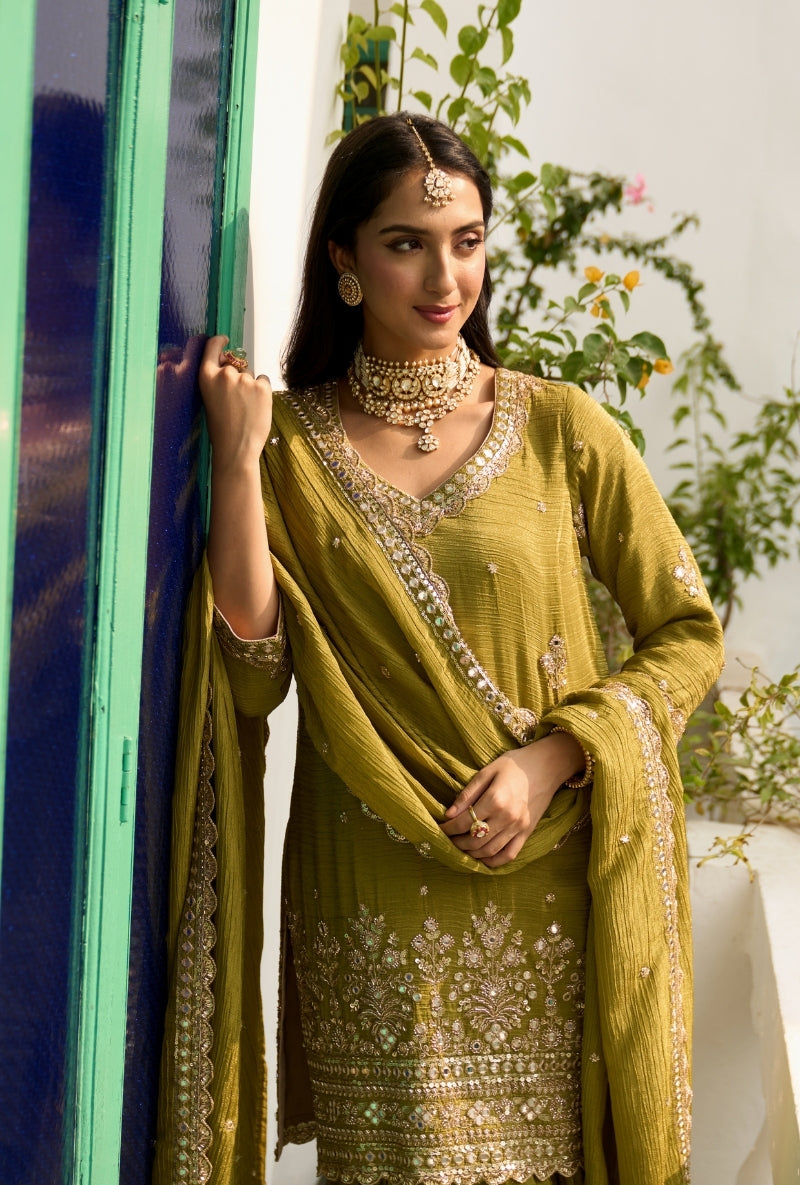 Green Bead Work Nadira Sharara Set