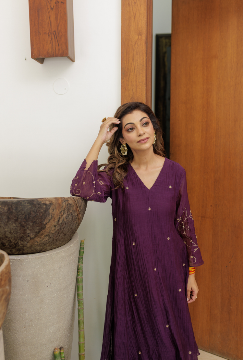 Meghna Nayyar in Purple Zari &amp; Dabka Work Urvi Kurta Set