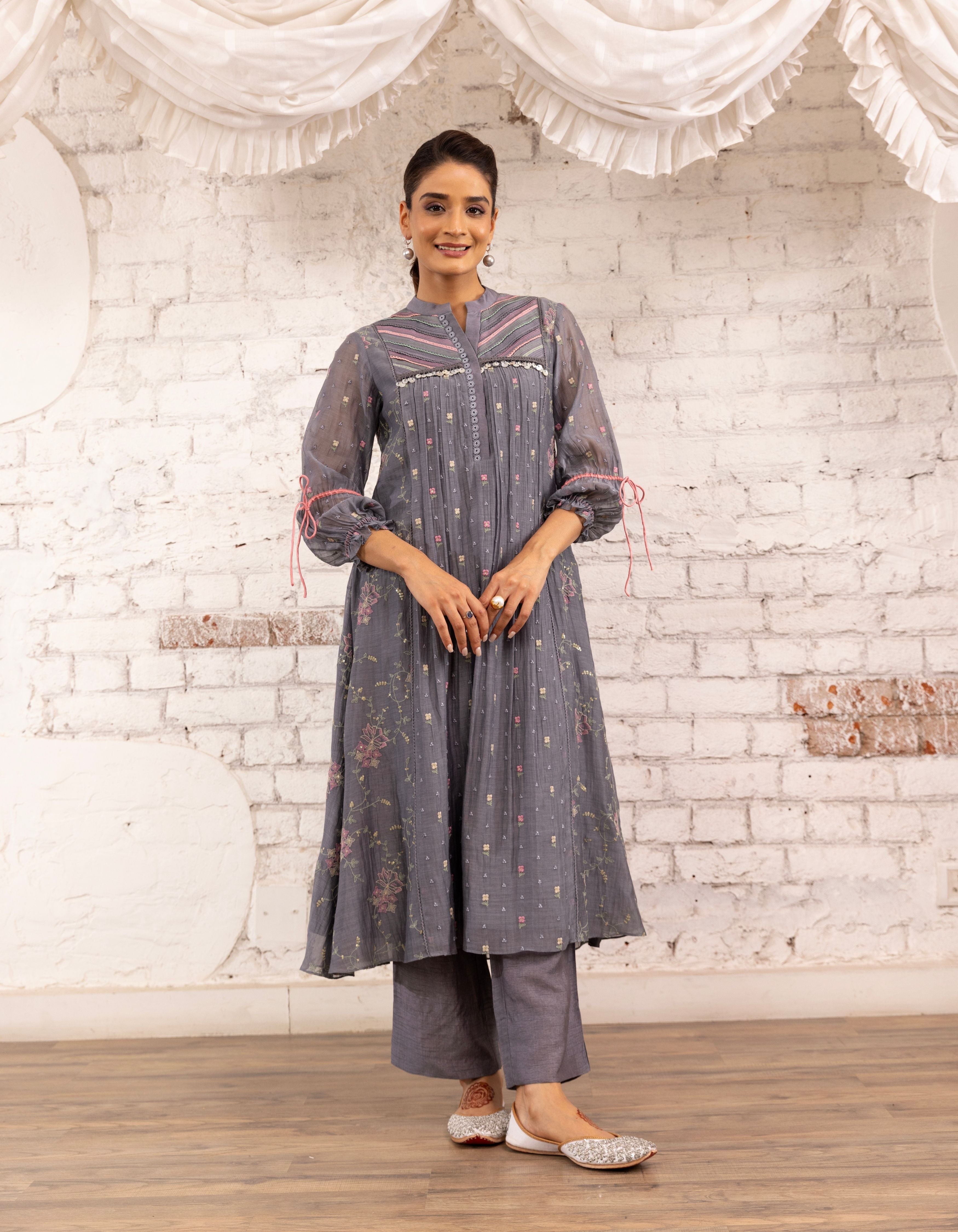 English Blue Threadwork Short Yoke  Noor Kurta Set