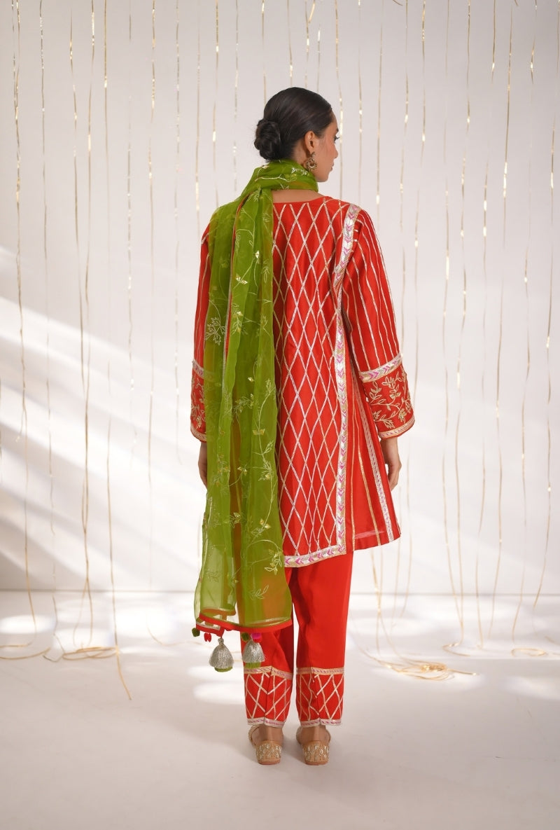 Tomato Red Gota Lace Patti Short Mehreen Kurta Set