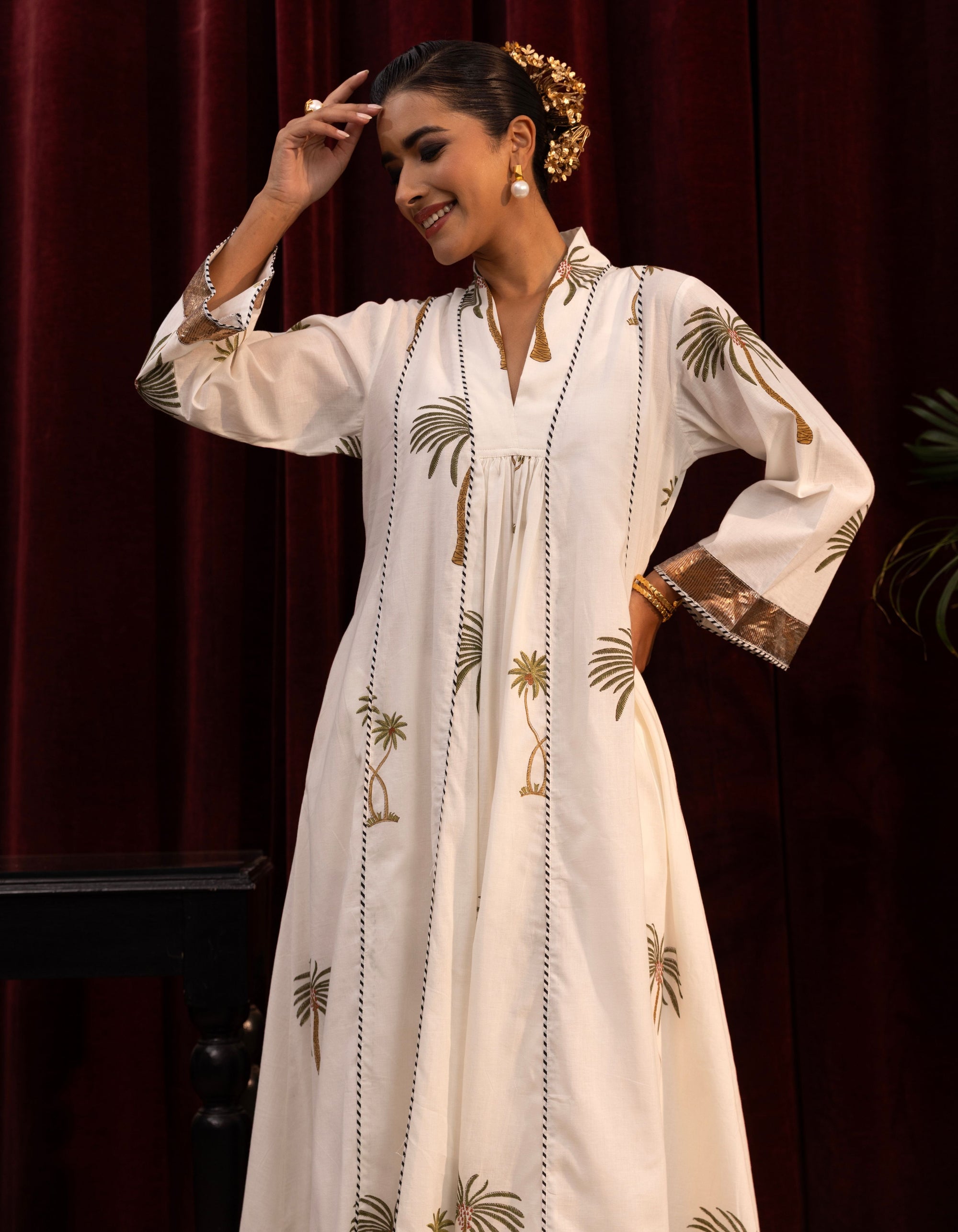 White Palm Print Kali Mogra Kurta Set