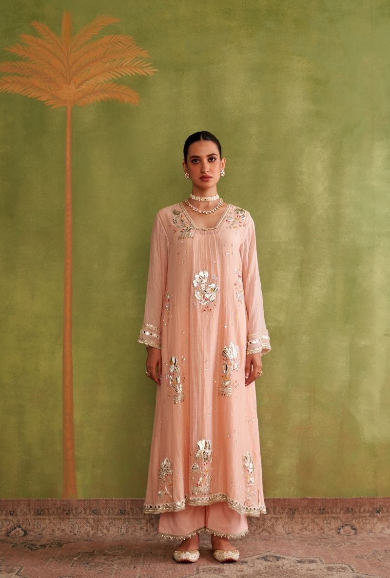 Baby Pink Silver Patchwork Morbagh Kurta Set