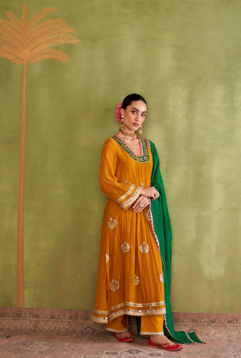 Mustard Contrast Neck Morbagh Kurta Set