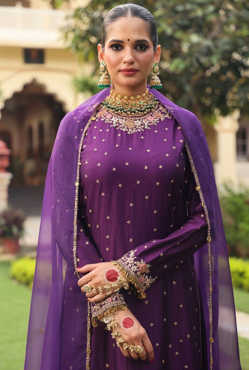 Purple Mayur Applique Long Mehfil Kurta Set