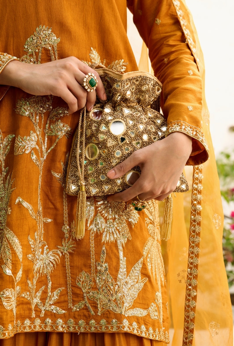 Mustard Palm Tree Zardosi Embroidered Sabah Sharara Set