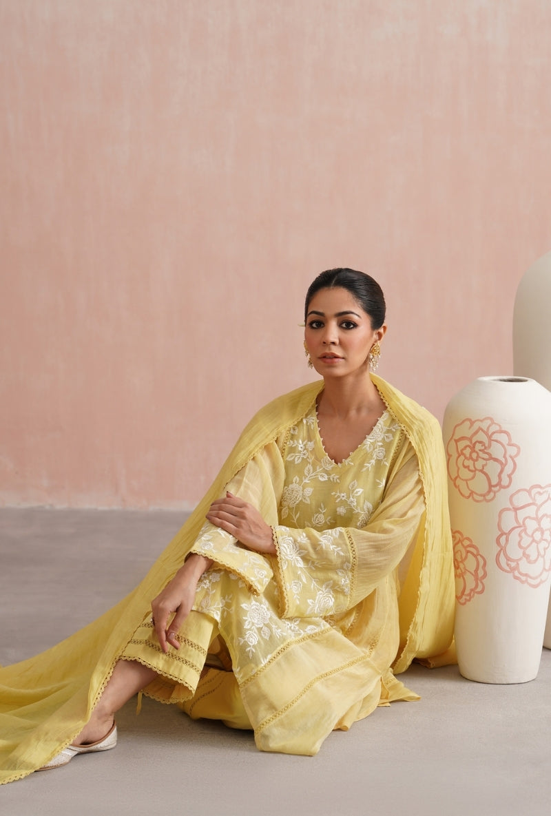 Lemon Yellow Pearl Embroidered Short Prisha Kurta Set