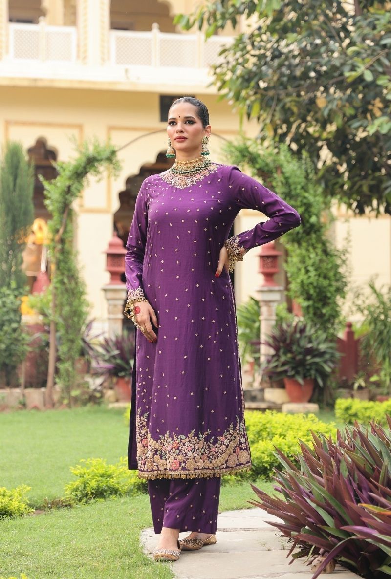 Purple Mayur Applique Long Mehfil Kurta Set