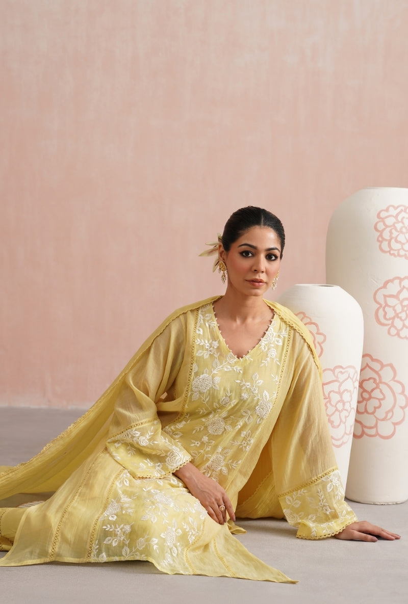 Lemon Yellow Pearl Embroidered Short Prisha Kurta Set