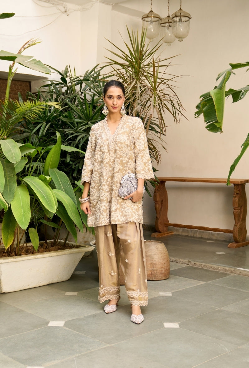 Beige Heavy Embroidered Nadira Farshi Salwar Set