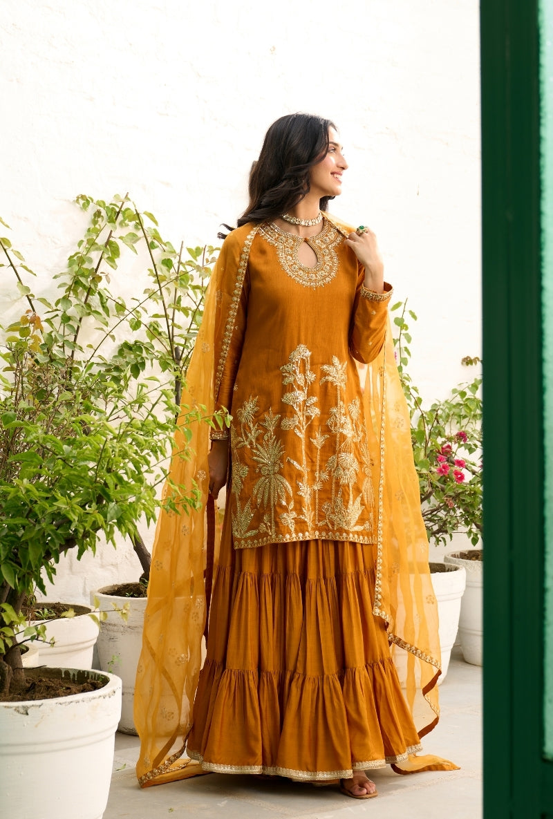 Mustard Palm Tree Zardosi Embroidered Sabah Sharara Set