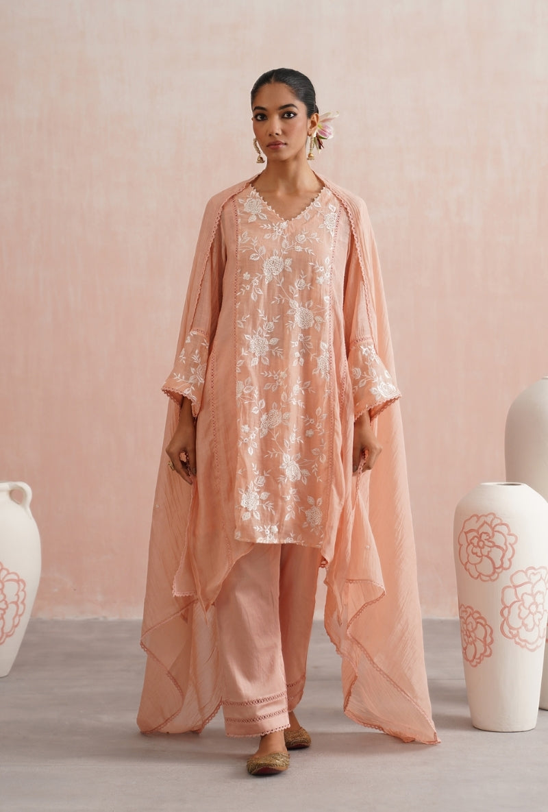Peach Pearl Embroidered Short Prisha Kurta Set