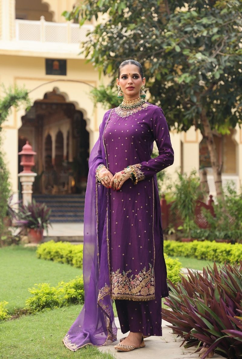 Purple Mayur Applique Long Mehfil Kurta Set