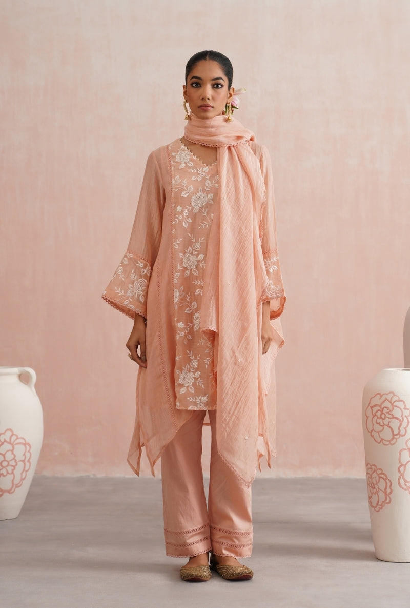 Peach Pearl Embroidered Short Prisha Kurta Set