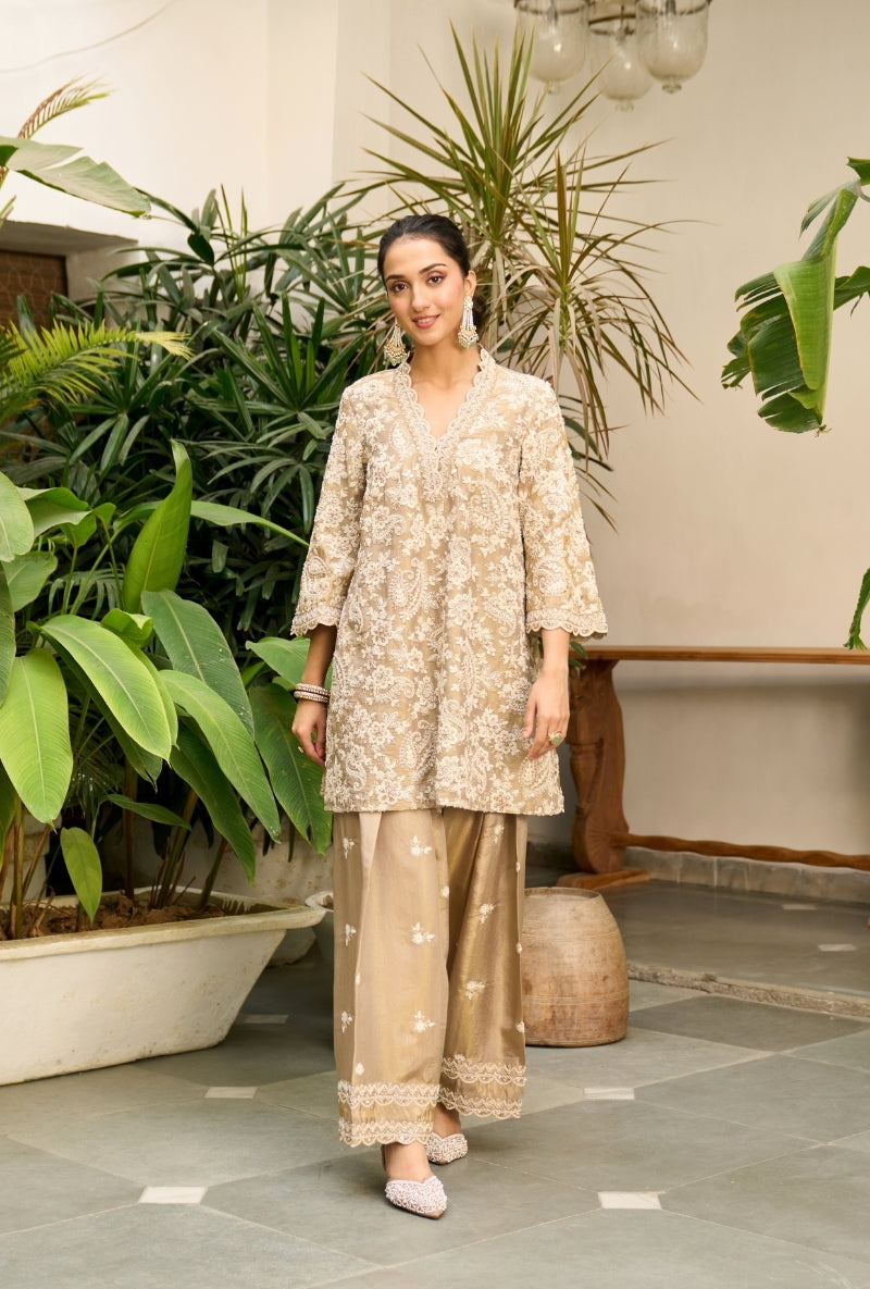 Beige Heavy Embroidered Nadira Farshi Salwar Set