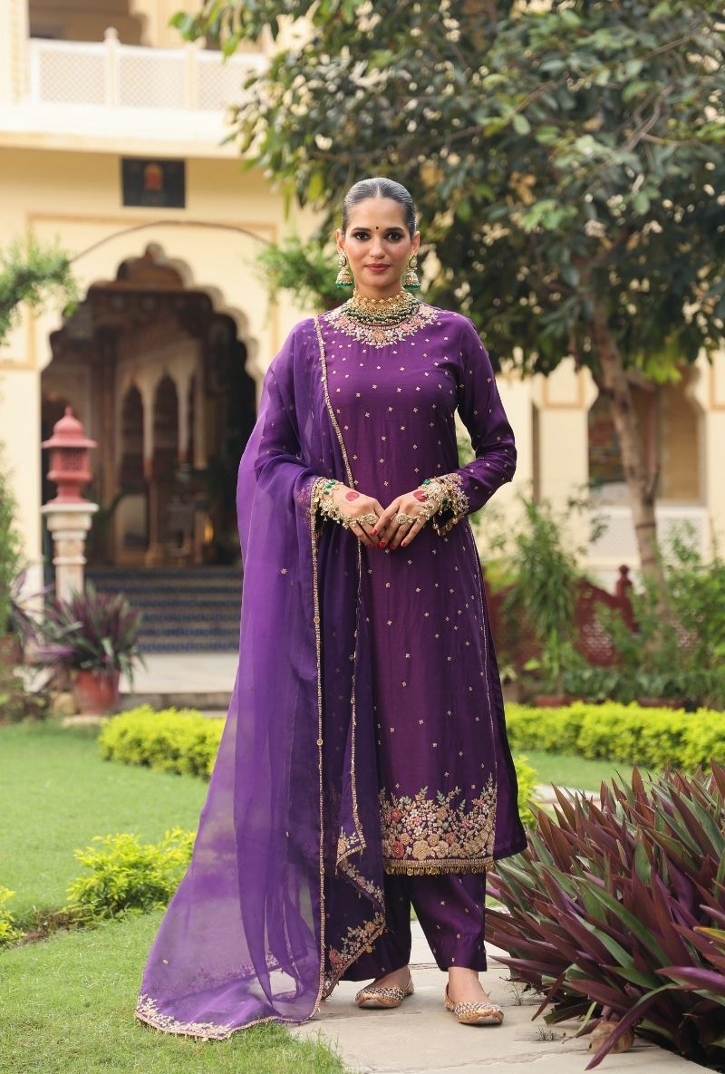 Purple Mayur Applique Long Mehfil Kurta Set