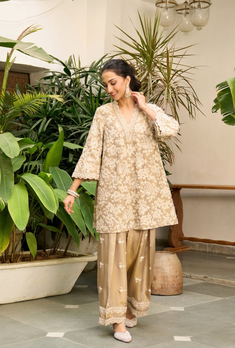 Beige Heavy Embroidered Nadira Farshi Salwar Set