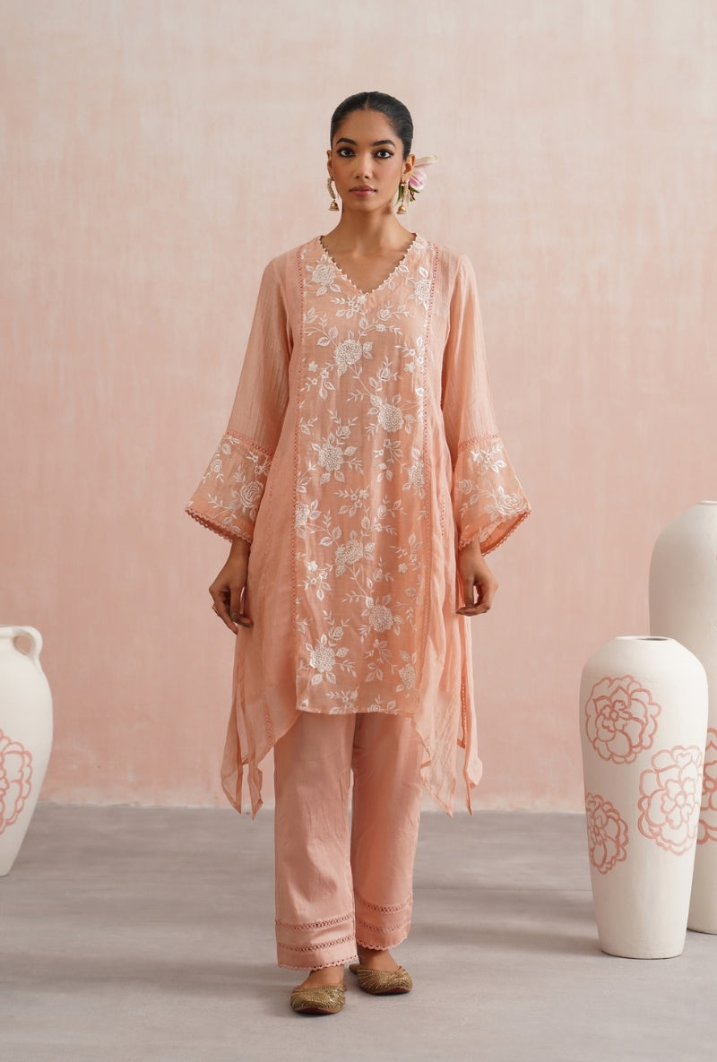 Peach Pearl Embroidered Short Prisha Kurta Set