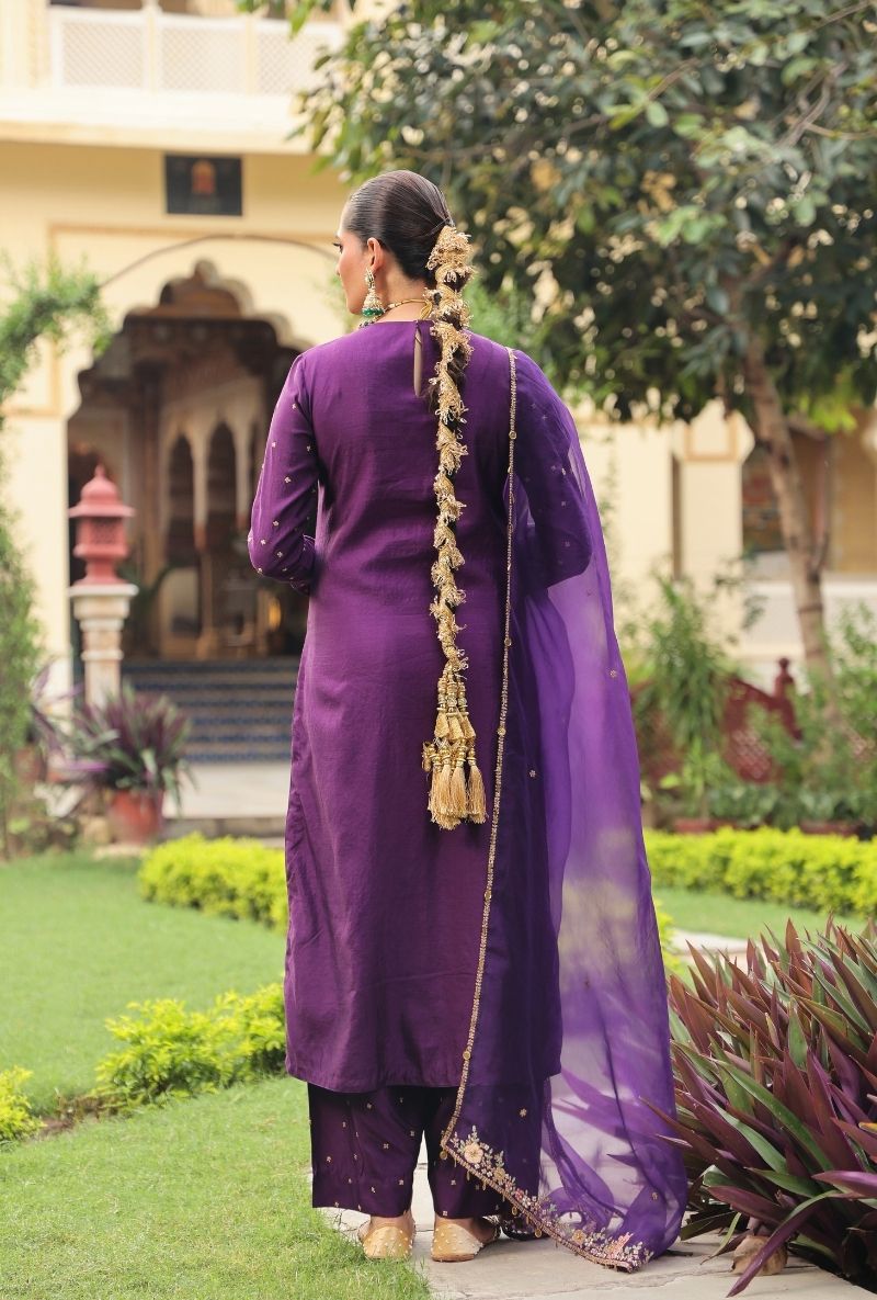 Purple Mayur Applique Long Mehfil Kurta Set