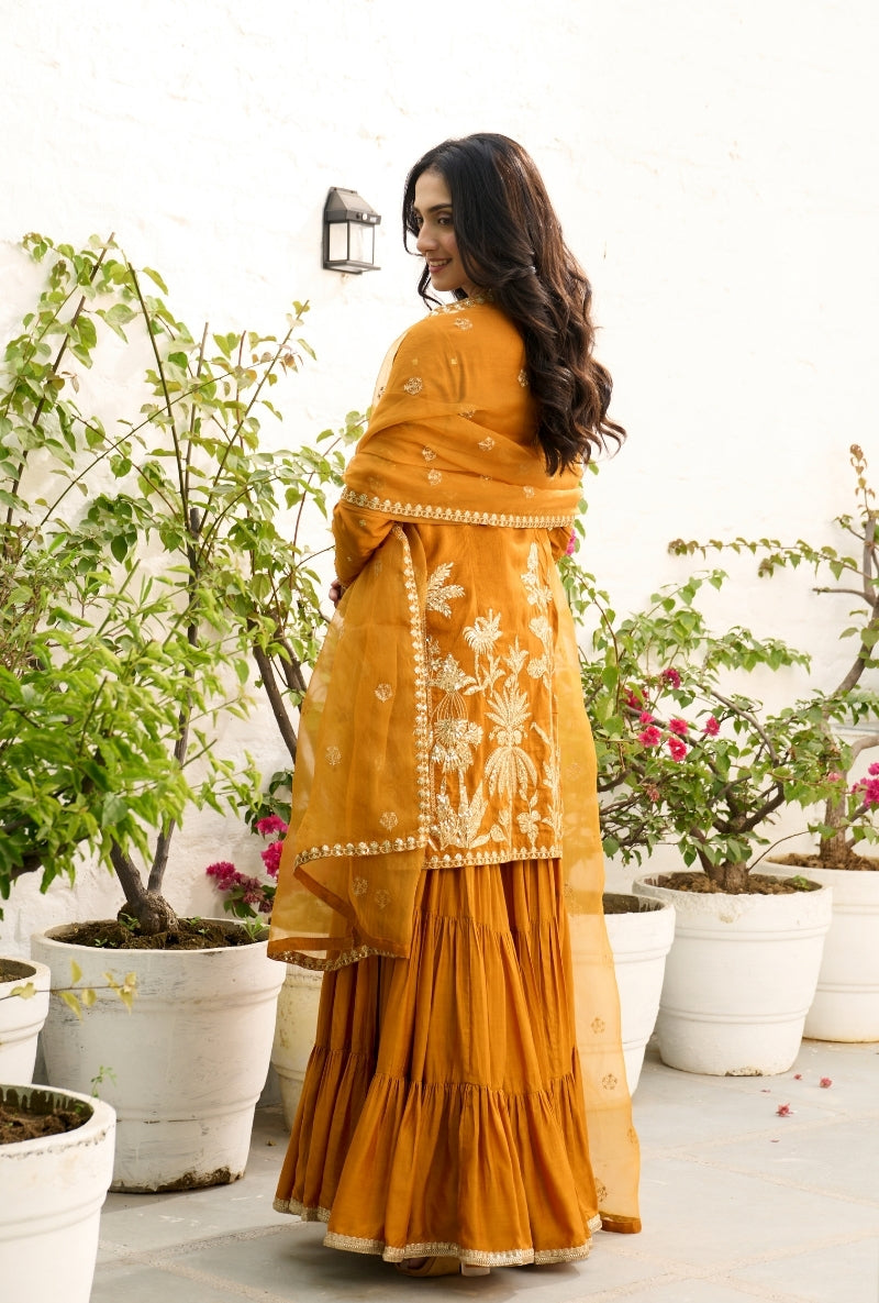Mustard Palm Tree Zardosi Embroidered Sabah Sharara Set