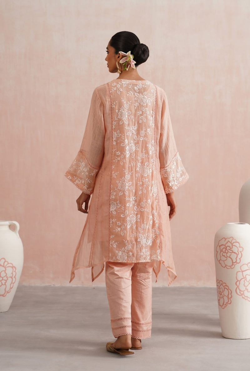 Peach Pearl Embroidered Short Prisha Kurta Set