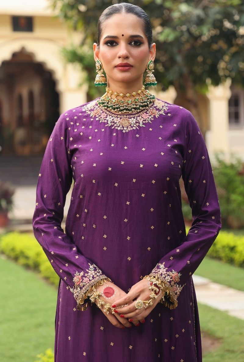 Purple Mayur Applique Long Mehfil Kurta Set