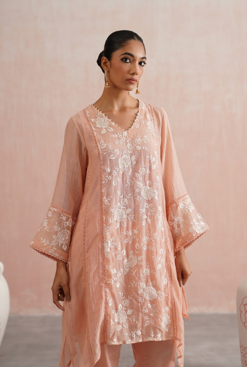 Peach Pearl Embroidered Short Prisha Kurta Set