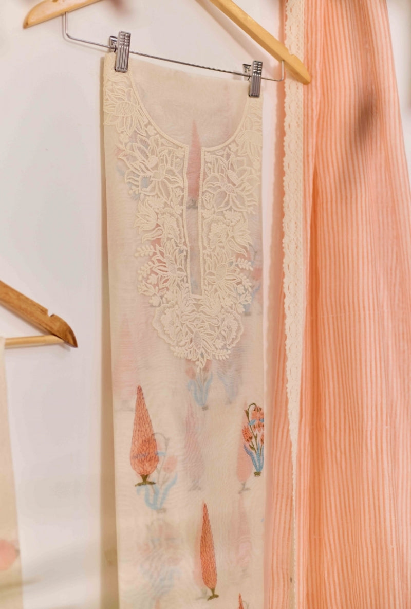 Block Print Resham Thread Embroidered Yoke Unstitched Suit Set